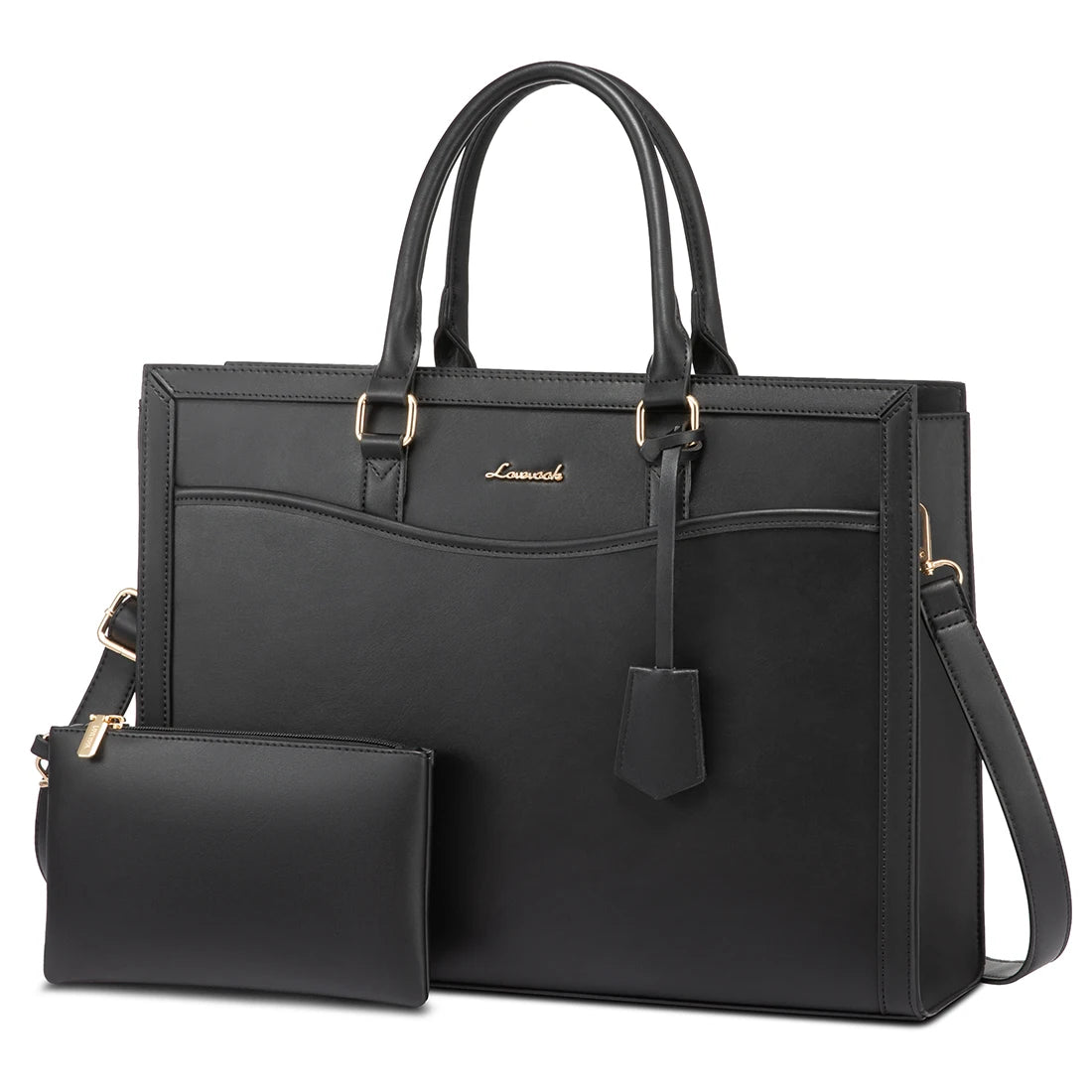 LOVEVOOK black designer laptop tote for women, features gold hardware, structured vegan leather, and matching pouch.