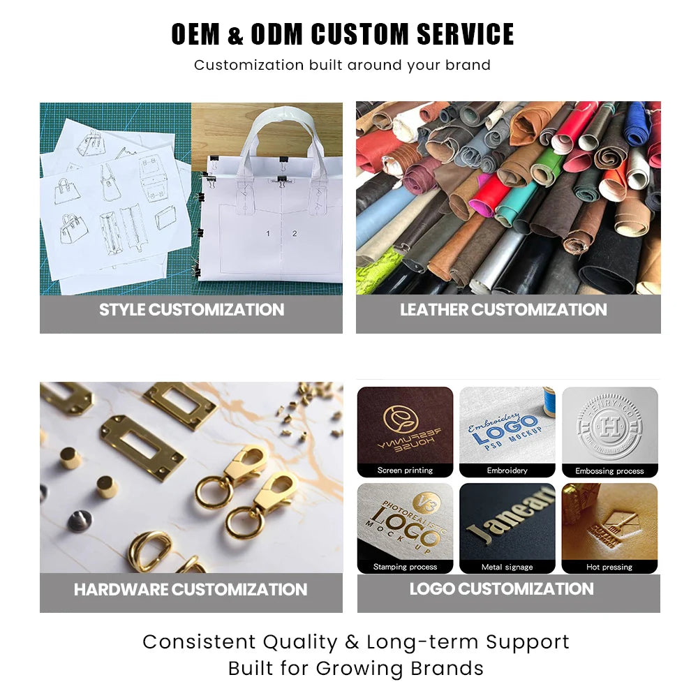 Custom luxury handbag manufacturing process featuring genuine leather swatches, gold hardware, and brand logo embossing.