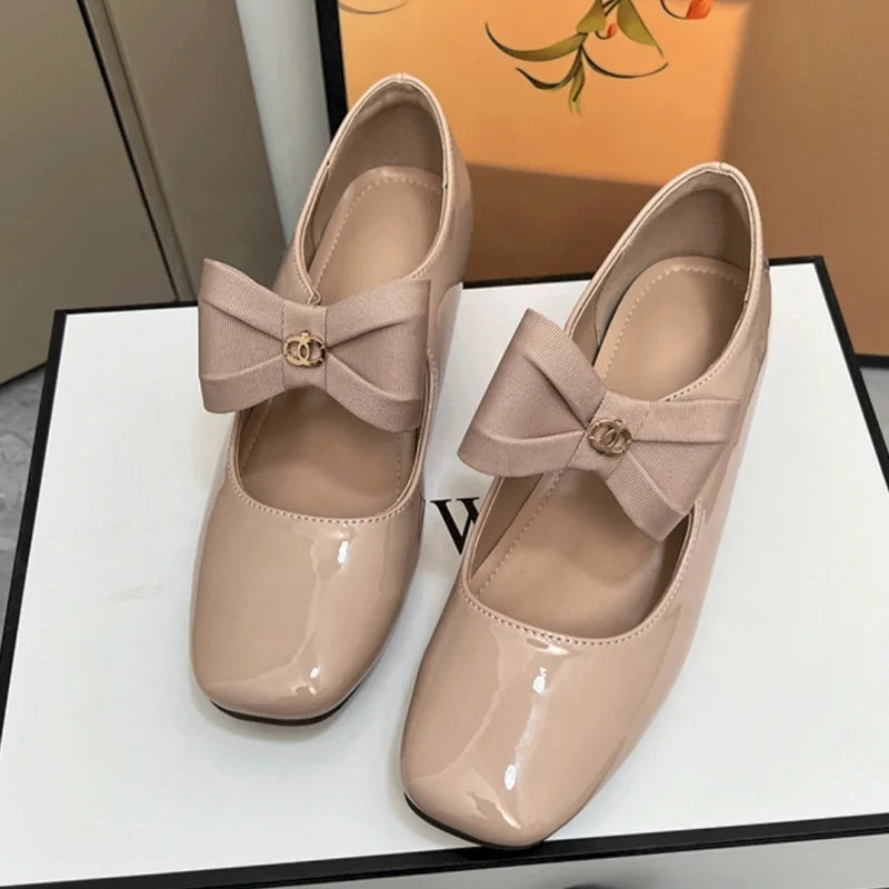 College Style Toe Thick Heel Straight Strap Mary Jane Patent Leather Formal High Heels Women's Milk Tea Colored Single Shoes