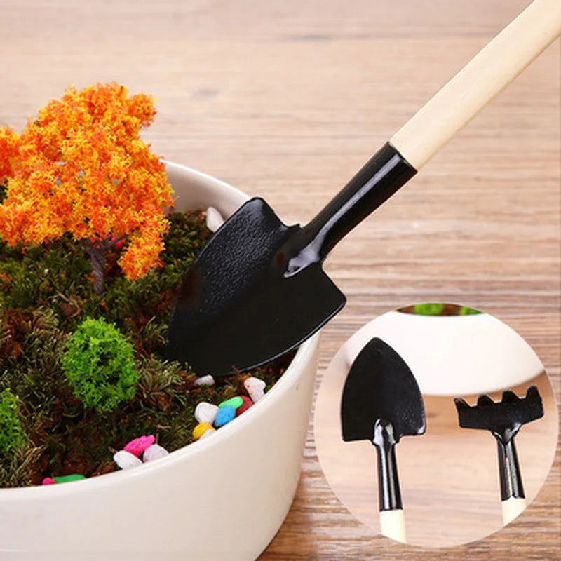 3 Pcs Plant Potted Bonsai Tool Gardening Kit Shovel Flower Pot Mini Spade Rake Wooden Handle Balcony Planting Tools