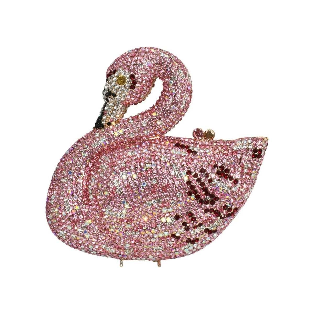 Pink swan-shaped luxury designer handbag covered in sparkling rhinestones for bridal, wedding, and evening events.
