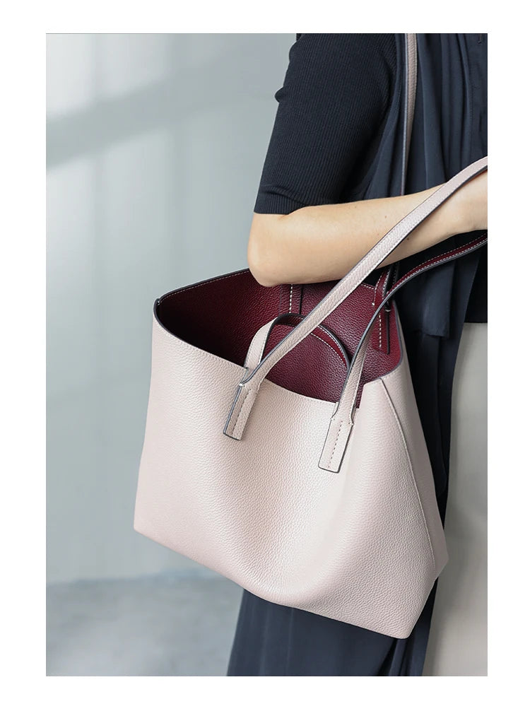 Women Luxury Genuine Leather Tote Soft Cowhide Handbag Two Sides Available Using Shoulder Bags Versatile And Durable