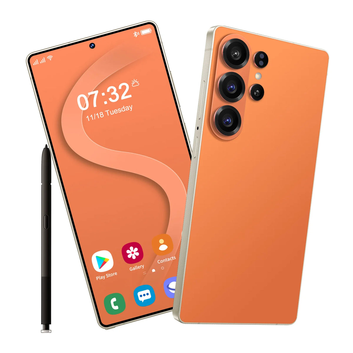 Orange smartphone with 7.3-inch display and quad rear cameras, front and back views.