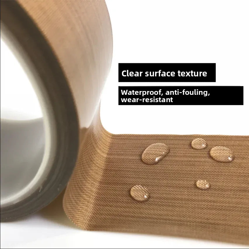 Brown PTFE tape strip with clear surface sheen and small water droplets