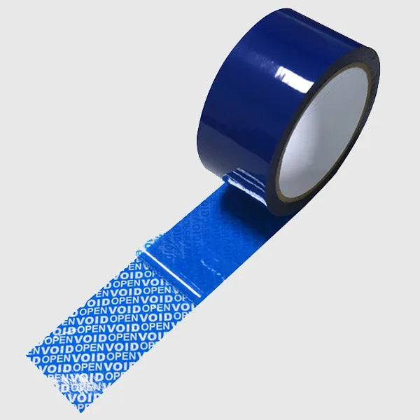 Blue security seal tape roll with VOID-marked strip, adhesive side visible