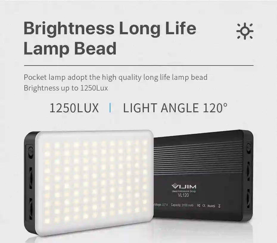 Rectangular LED pocket video light with white diffusion panel and black casing for portable photography lighting.