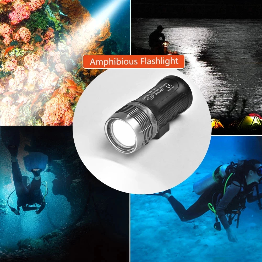 Black, cylindrical, waterproof LED flashlight for scuba diving and outdoor night activities.