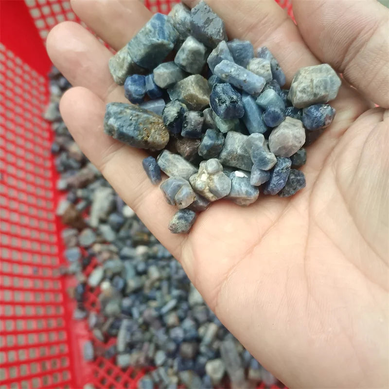 Palm view of rough blue sapphire crystal raw gemstones, assorted sizes