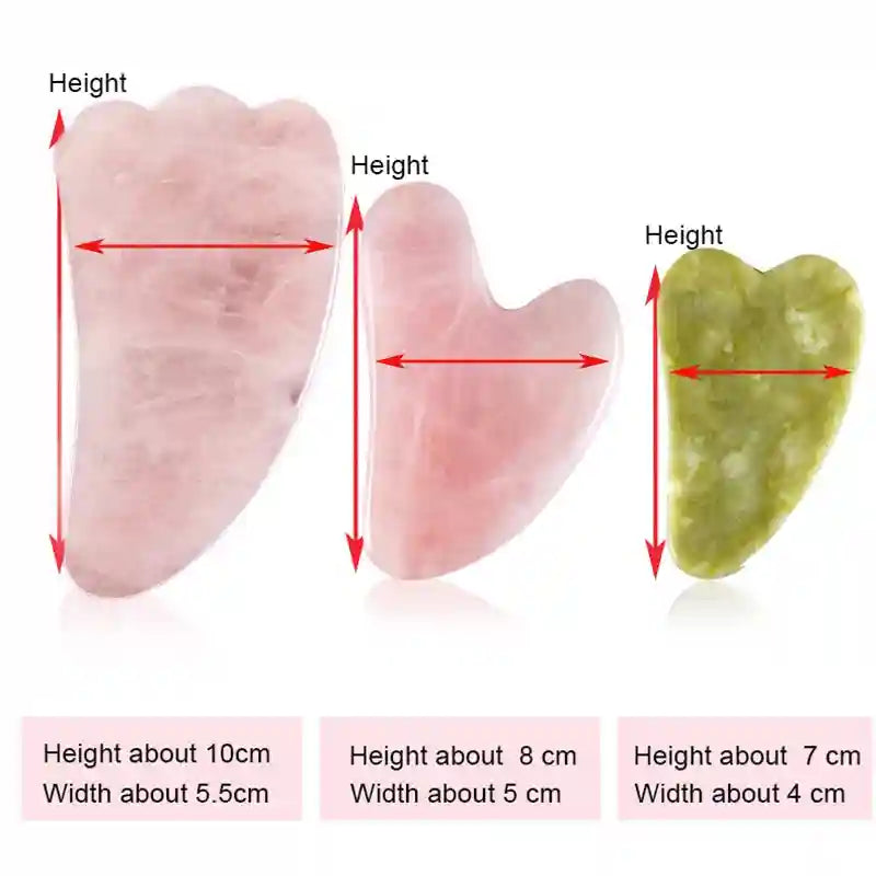 Three rose quartz and green jade gua sha stones of varying shapes and sizes with measurement arrows and text labels.