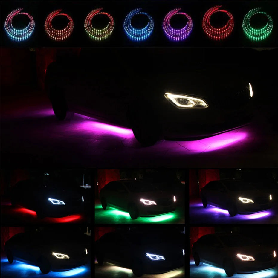Flexible LED light strips in various colors coiled and installed underneath a car for exterior underglow lighting.