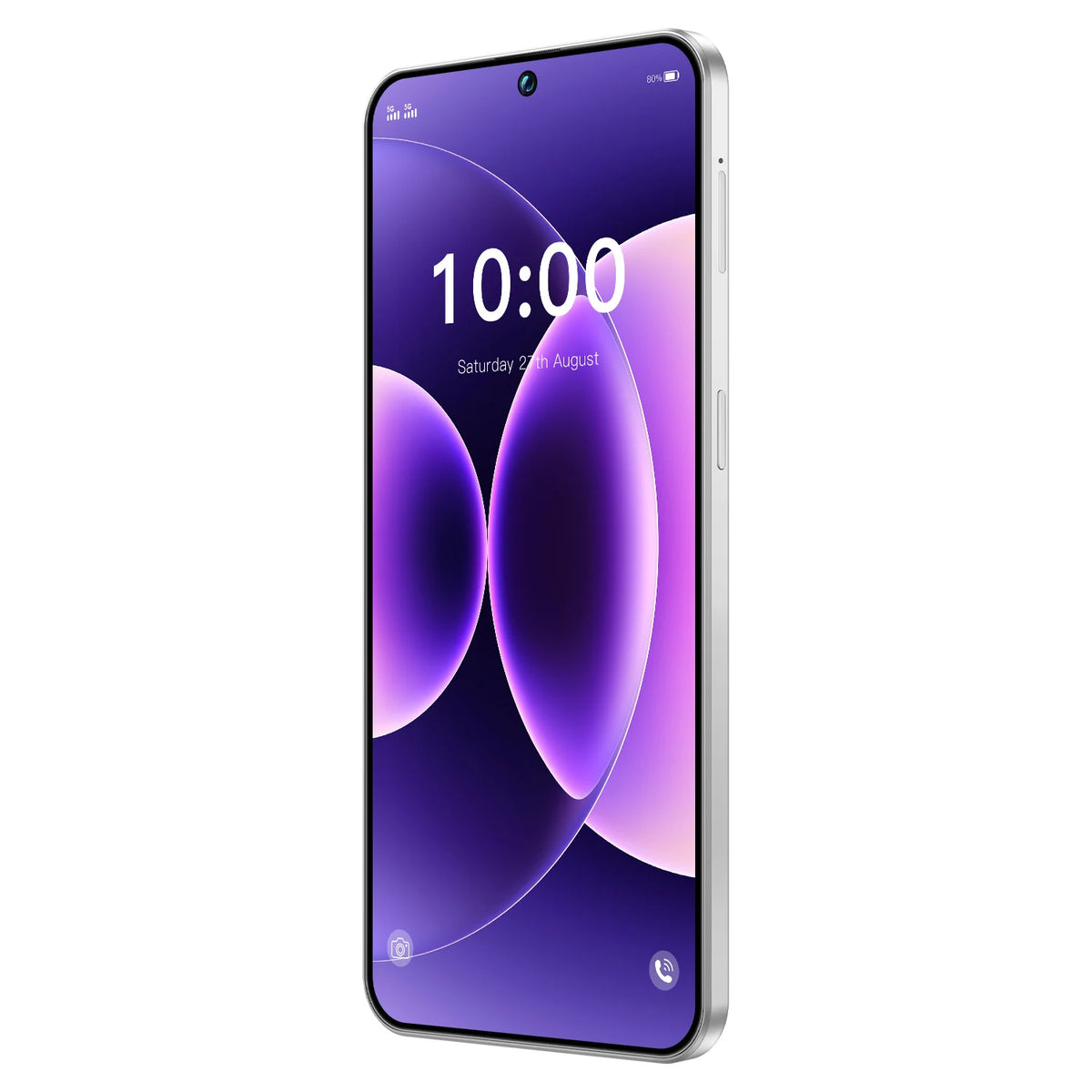 Purple smartphone front view with rounded corners and 10:00 time display.
