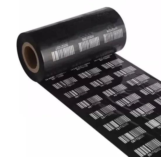 Black barcode transfer ribbon roll with multiple barcode blocks on film