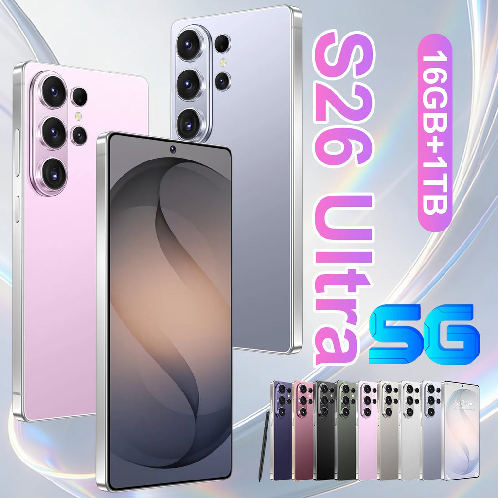 S26 Ultra 7.3 inch 5G smartphone with 16GB RAM and 1TB storage showing high-quality mobile phone design