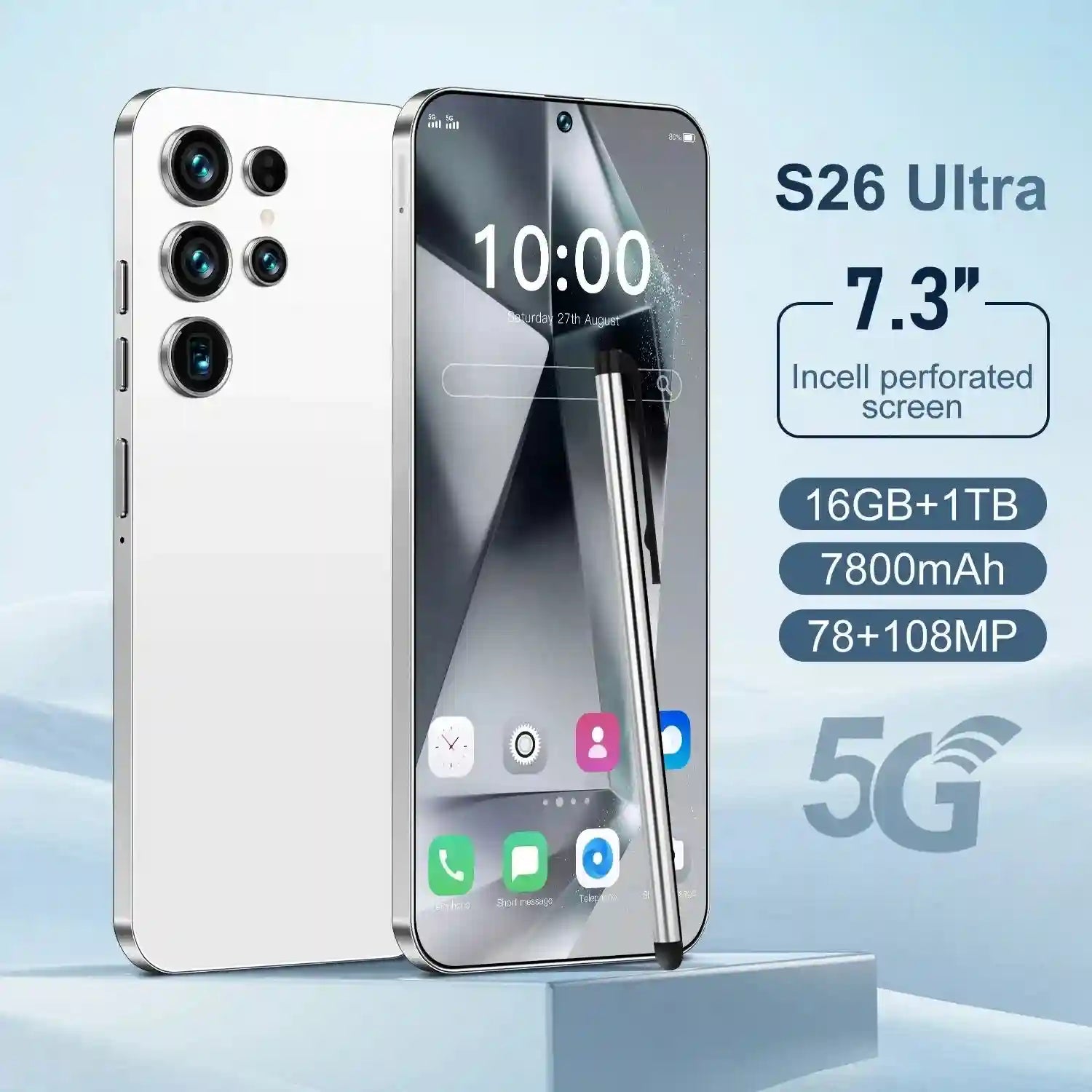 S26 Ultra 5G Smartphone - 7.3 Inch AMOLED Display, 1TB Storage White 16g 1TB Tidesmit