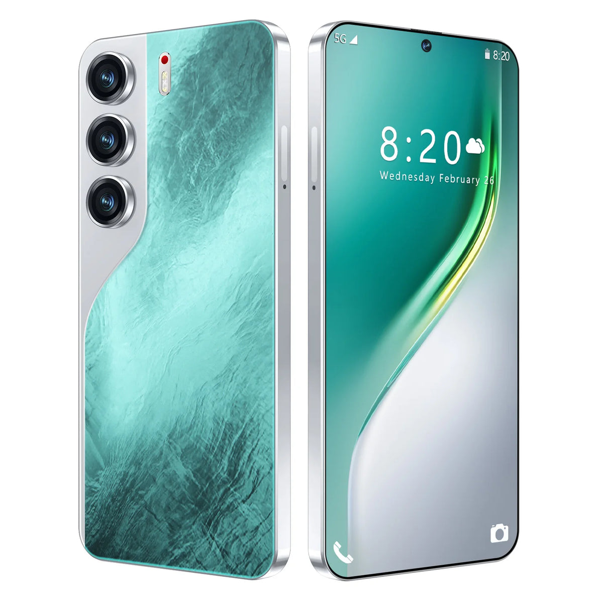 Tecno Camon 40 5G smartphone with teal back and triple rear cameras; front shows 8:20