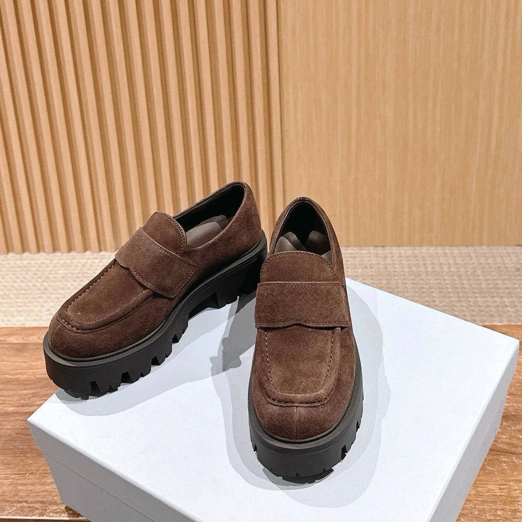 High-end Leather Women's Shoes, Luxury Designer Brand Shoes, Fashionable Height-increasing Sneakers, Girls' Thick-soled Loafers