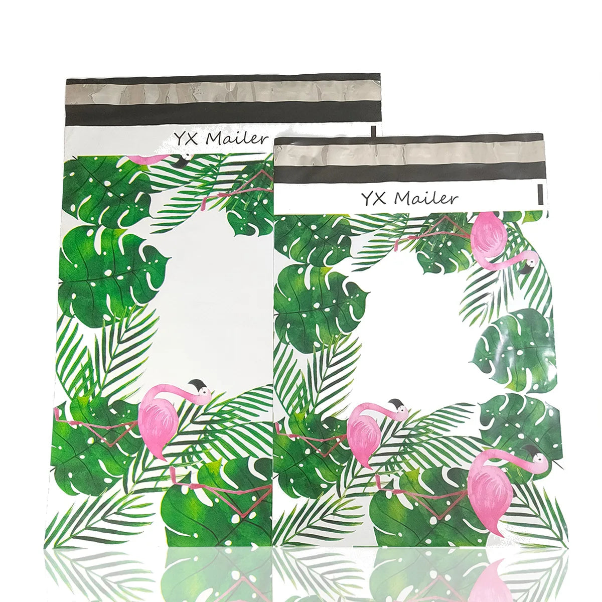 Tropical flamingo leaf poly mailer envelopes in green and white with “YX Mailer” logo