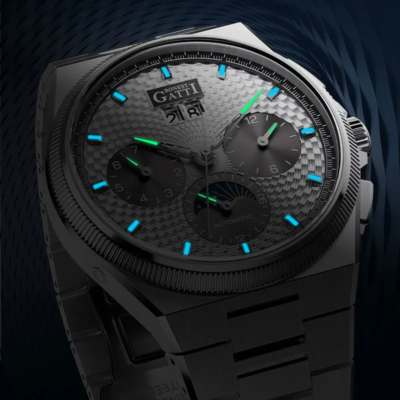 BONEST GATTI Automatic Mechanical Skeleton Watch Stainless Steel Waterproof 50m Luminous Calendar for Minimalist Business Men