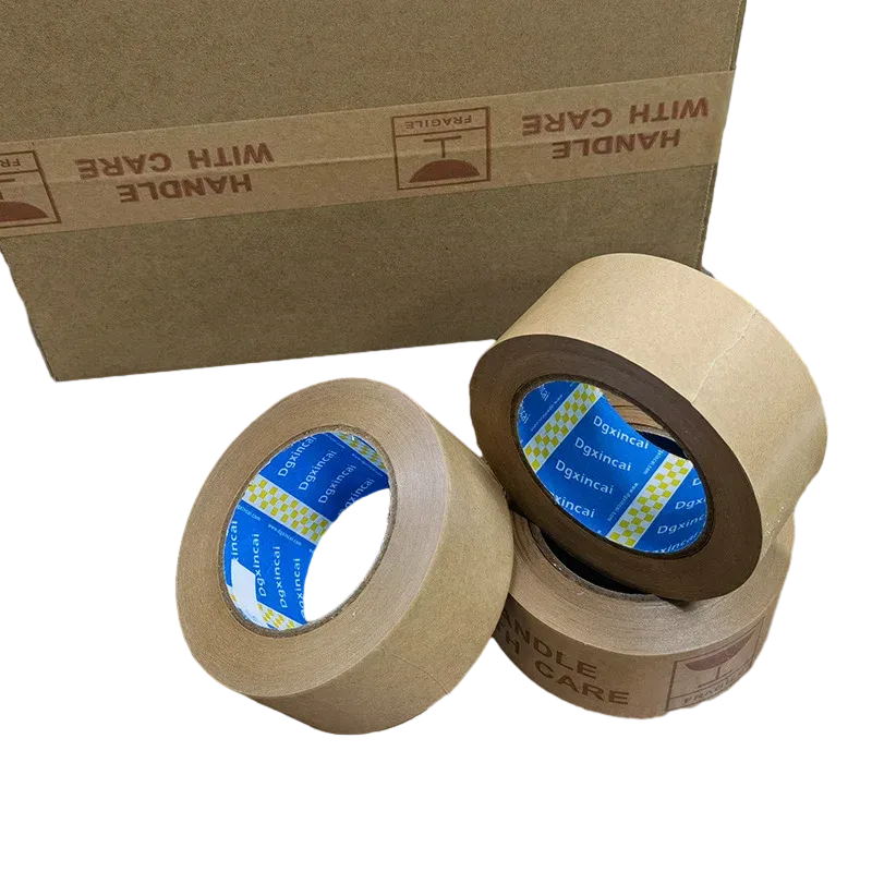 Brown kraft packing tape rolls with blue printed logo on cardboard core