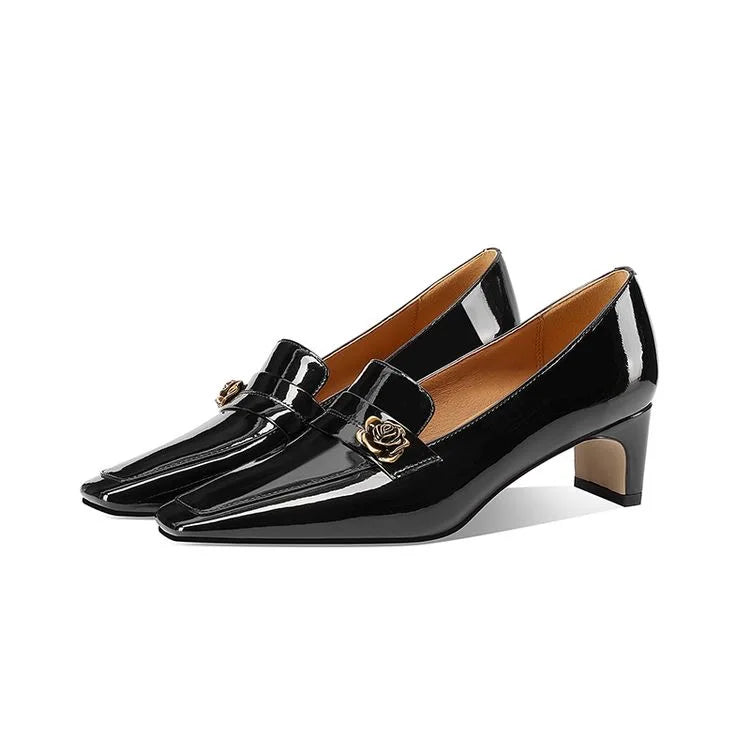Ladies Genuine Leather Square Toe Block Heel Slip-On Formal Office Pumps with Height Increasing