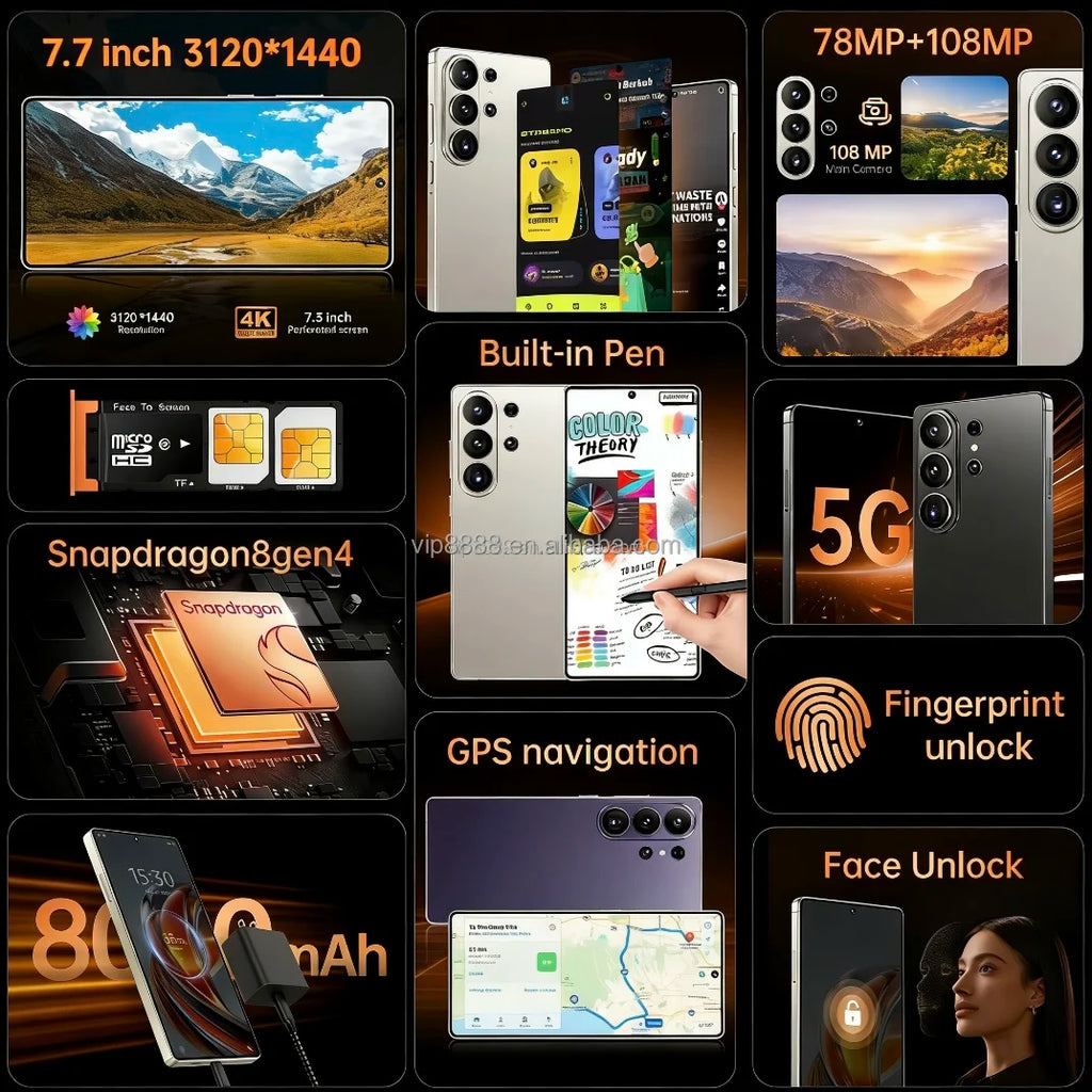 Tidesmit S26 Ultra 7.7 inch 5G smartphone with 22GB RAM and 2TB storage for high-performance Android gaming.