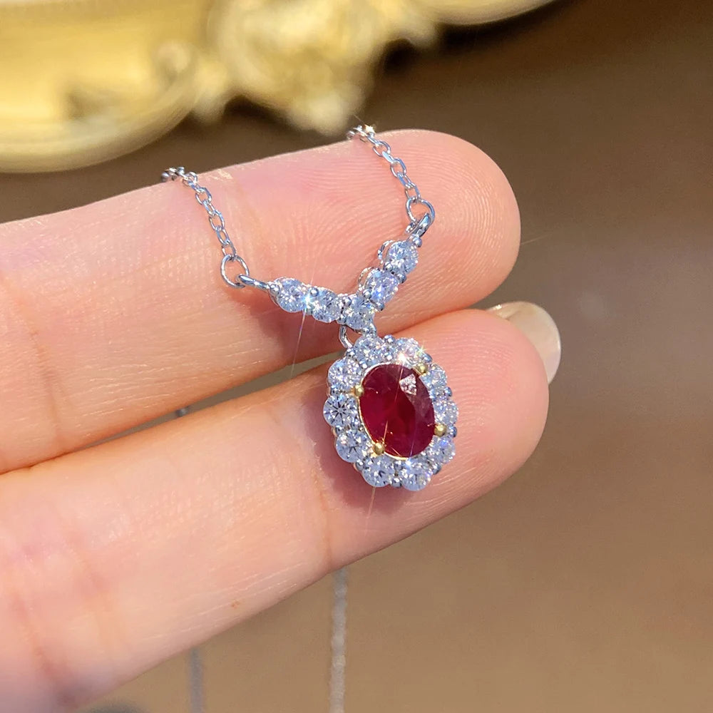 Natural Red Ruby Pendant Necklace S925 Sterling Silver Fine Jewelry for Women Fashion Gemstone Charm Anniversary Gift Wholesale