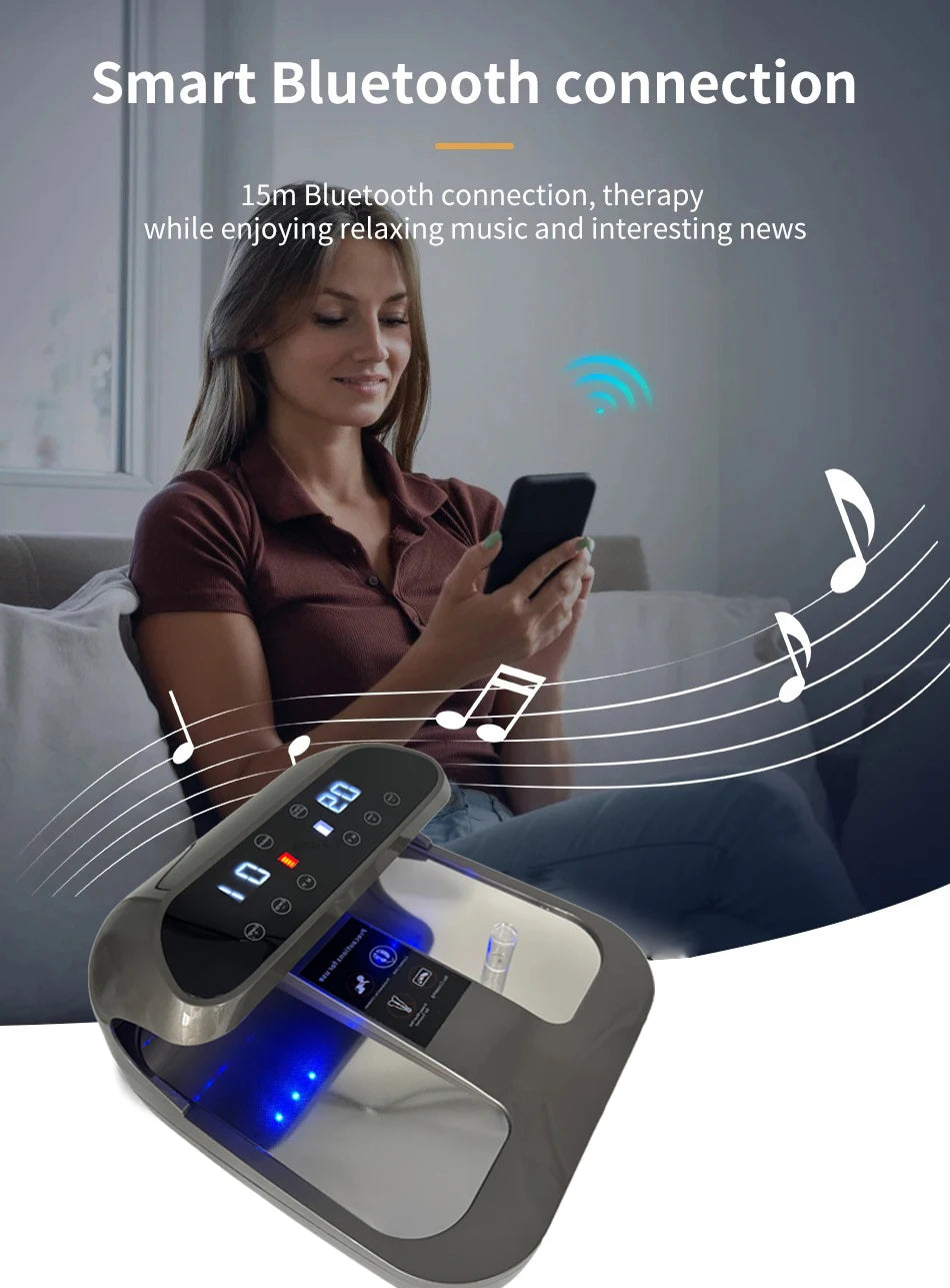 Woman using Tera-P90 PEMF terahertz therapy foot massager with smart Bluetooth connectivity and LED digital display.