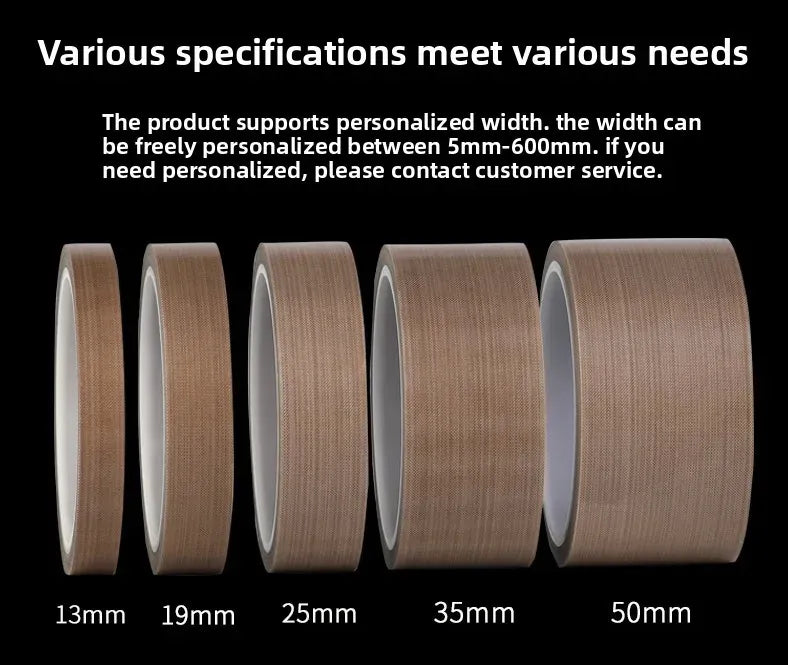 Multiple brown PTFE tape rolls in different widths, viewed side by side