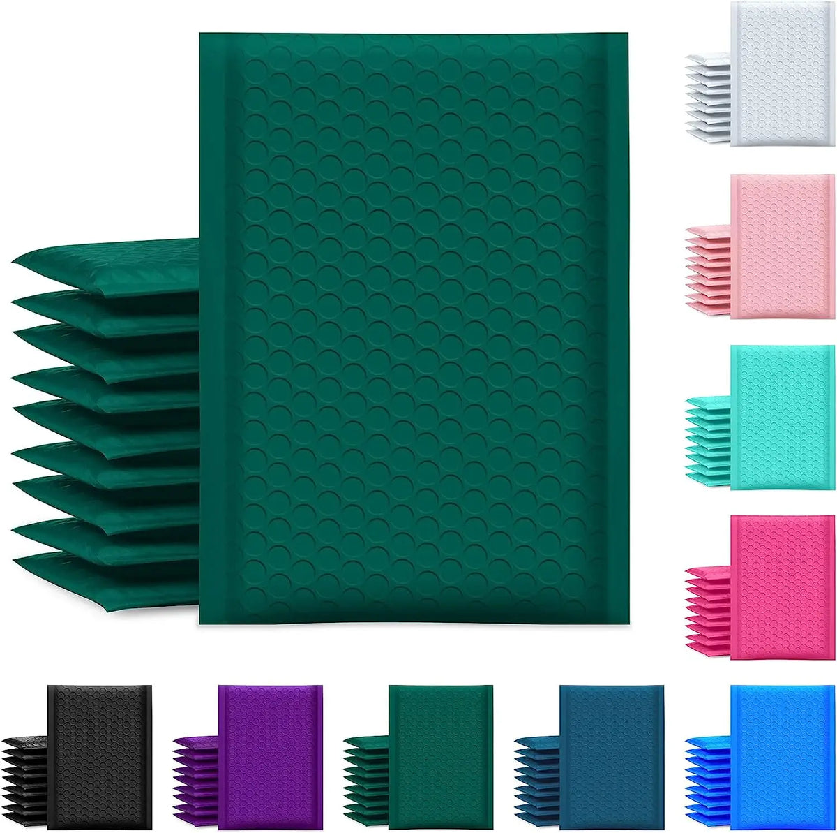 Green bubble poly mailer bags stacked with honeycomb texture and color options.