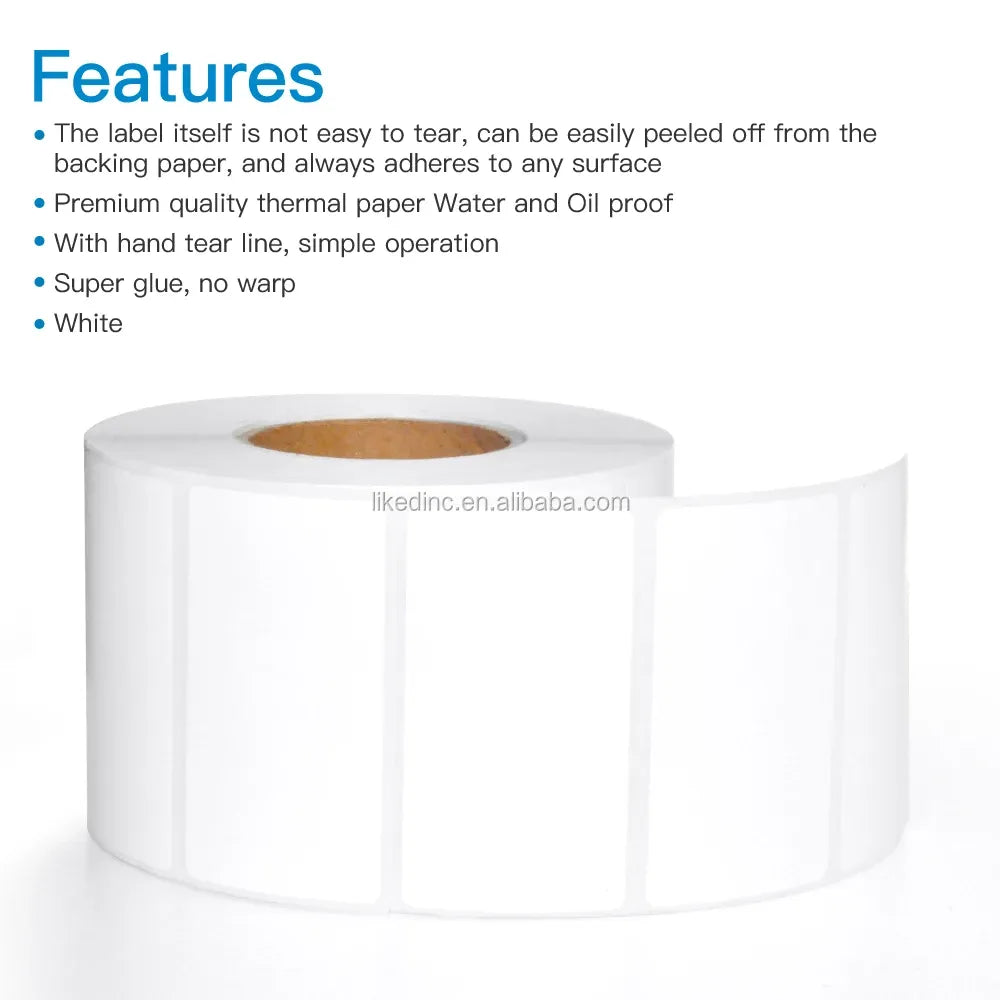 White direct thermal label roll with evenly spaced rectangular label faces