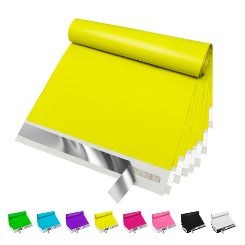 Yellow poly mailer shipping bags, stacked with self-seal strip for apparel