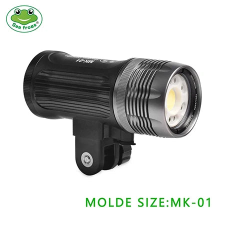 MK-01 black aluminum underwater diving flashlight with a silver bezel and integrated mounting bracket.