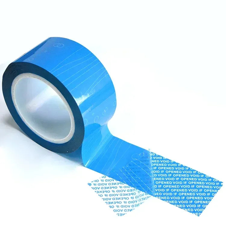 Light blue tamper-evident void security tape roll with dark edge and VOID text