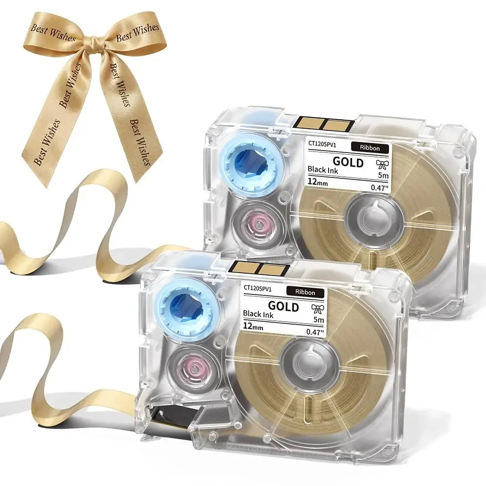 Champagne gold satin ribbon tape with black print, 12mm x 5m, with cartridges and bow