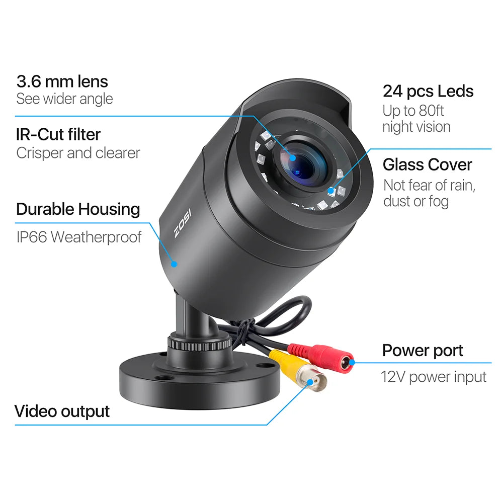 ZOSI 1080P CCTV Security Camera, 80ft Night Vision, 3.6mm Lens 24 IR LEDs, Outdoor Whetherproof Surveillance Camera