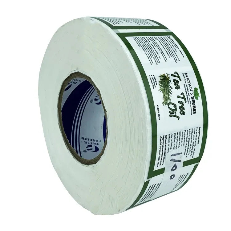 Glossy waterproof label sticker roll with green printed label and core opening