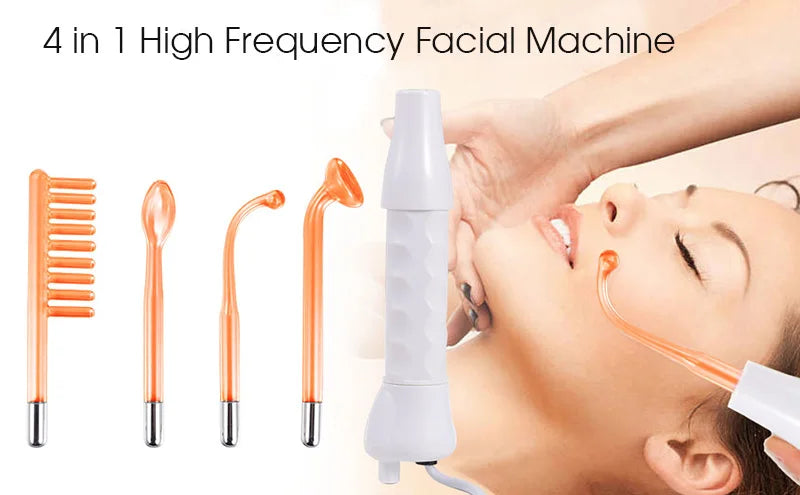 4-in-1 high frequency facial wand with white handle and four orange neon glass electrodes used on a woman's face.