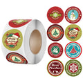 Christmas sticker roll with red, green, and gold round holiday labels, “Happy Holidays” style