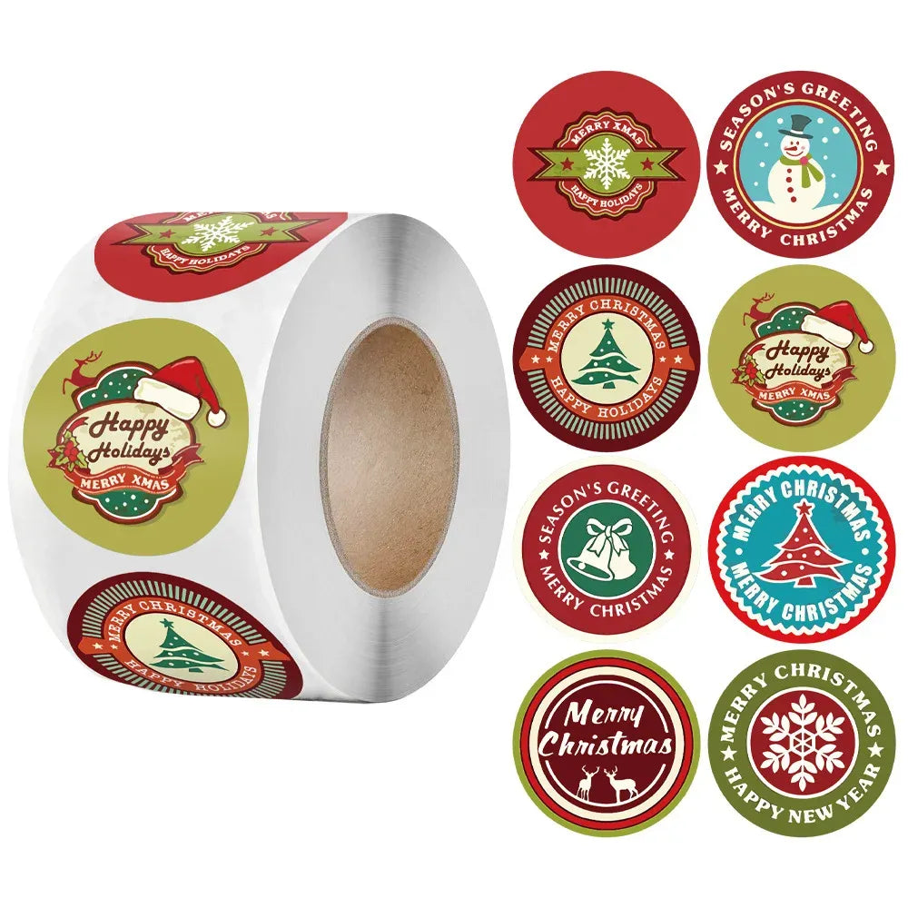 Christmas sticker roll with red, green, and gold round holiday labels, “Happy Holidays” style