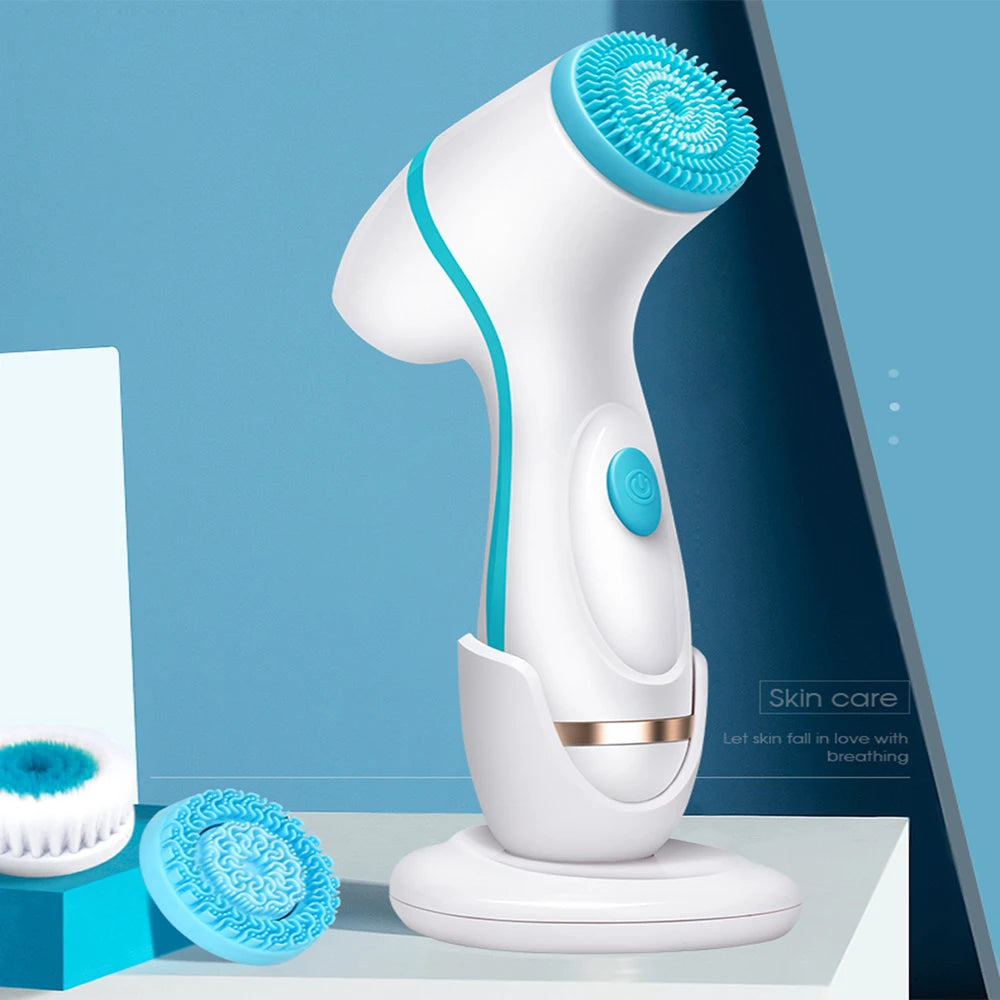 White and blue sonic facial cleansing brush with spinning heads for deep pore cleaning and skin exfoliation.