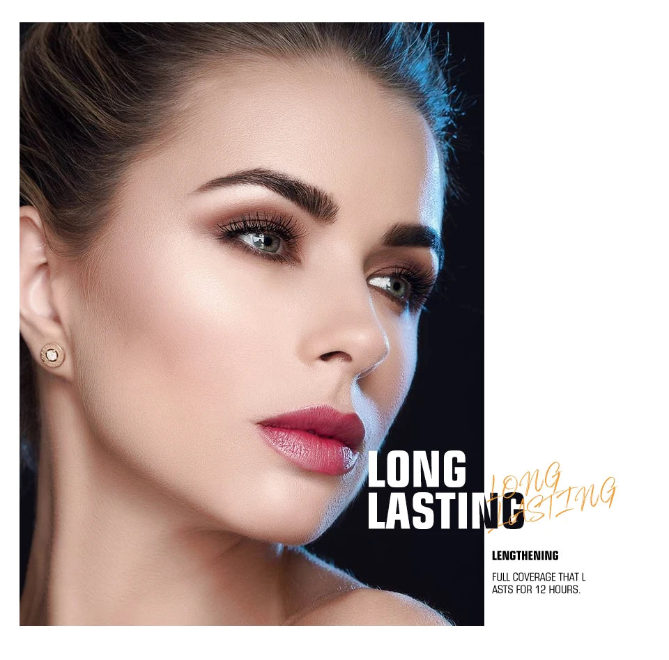 O.TWO.O model wearing long-wear pink lipstick with bold black lengthening 3D mascara for defined lashes.