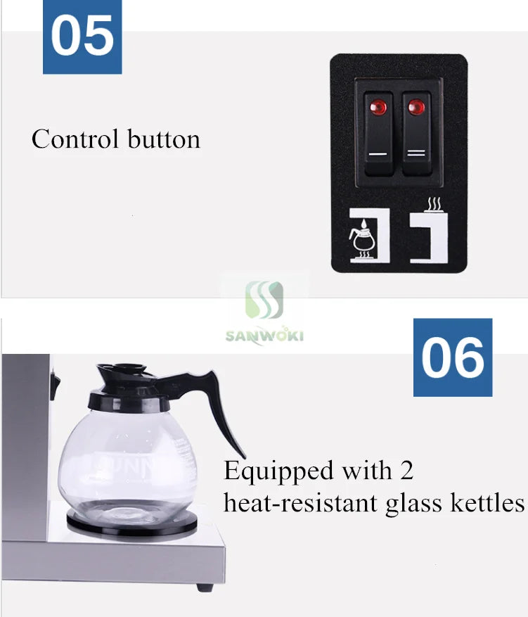 Sanwoki coffee maker control panel with two red indicator buttons and two heat-resistant glass decanters.