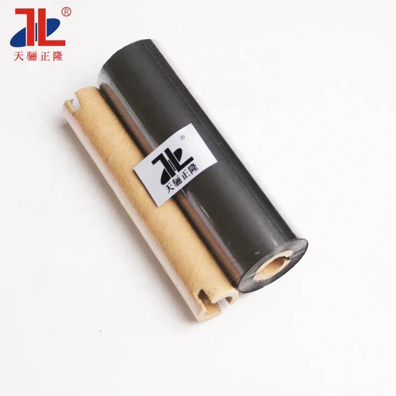 Black thermal transfer ribbon roll showing exposed inner core, side view
