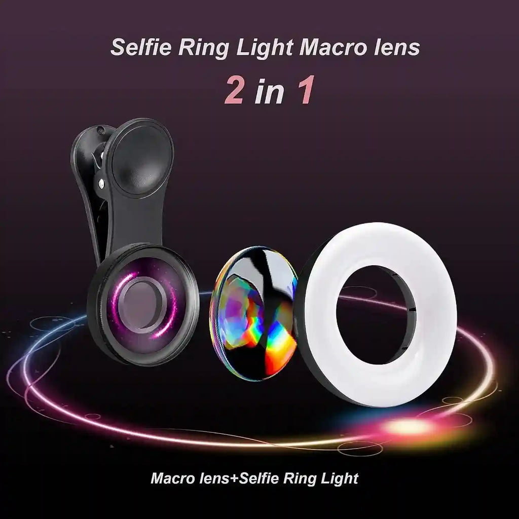 Black 2-in-1 clip-on macro lens and white circular LED ring light for smartphone photography.