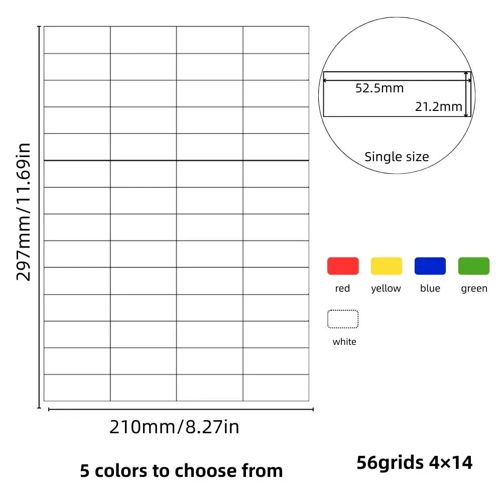 A4 sticker label sheet with 56 grid layout and adhesive backing, copperplate paper