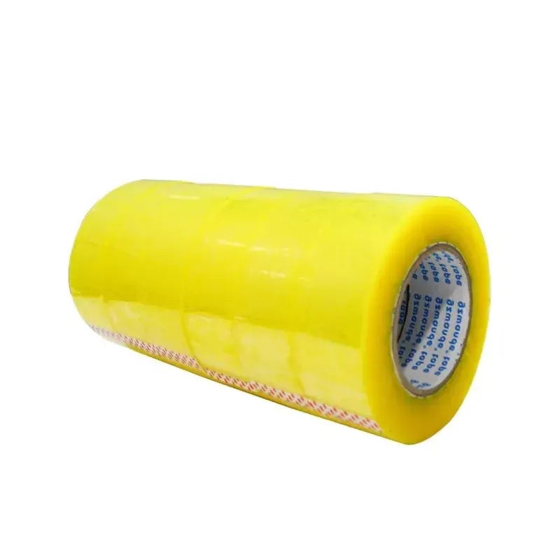 Yellow packing tape roll in a side view with visible inner core