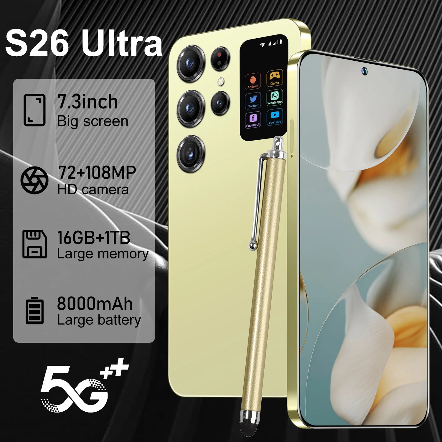 S26 Ultra 5G Smartphone 1TB Storage - 7.3-inch HD Display Golden 16g 1TB Tidesmit