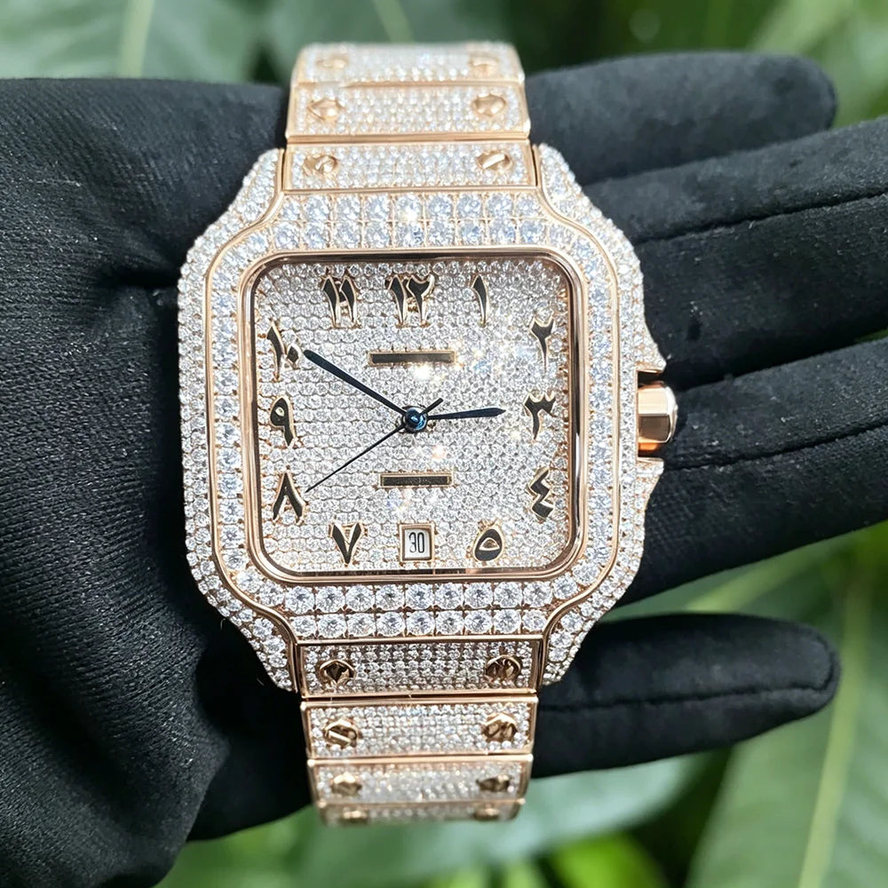 Moissanite-uhr Moissanite Watch Custom Diamond Rose Gold Moissanite Watch Mechanical Movement Classic Luxury Men's Vvs Uhr