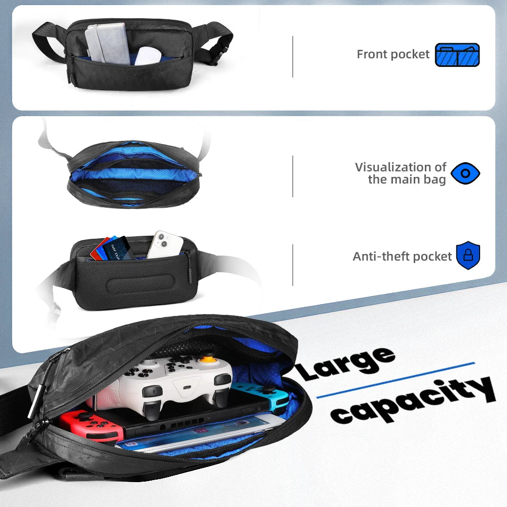Black waterproof designer crossbody bag with blue interior, multiple compartments, and large travel storage capacity.