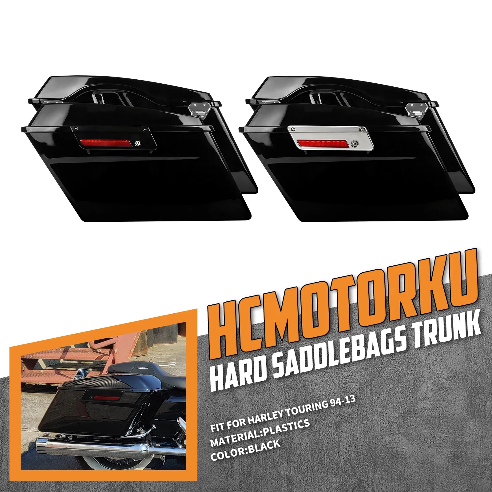 Black hard motorcycle saddlebag trunks for Harley Touring 94-13 with chrome latches and integrated reflectors.